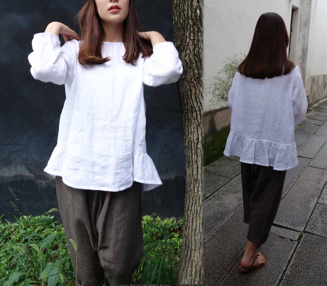 701white Linen Top / Tee With Back Ruffled Hem Pre-washed - Etsy