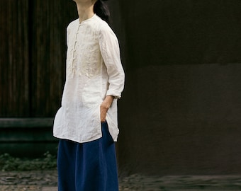 E017---Washed Linen Shirt / Tee / Top / T-shirt / Blouse, Decored with Toned Dupioni Hand-sewn Applique', Made to Order.