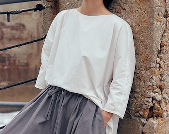 D345---White Loose Fitting Dolman Sleeves High-Densit Japanese Sun-dried Cotton Pullover Shirt, Made to Order.