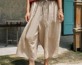D319---Flax Linen Wide Leg Pants / Skants / Culottes, Gaucho Pants, European Linen Yoga Pants, Skirt Pants, Pants Skirt, Made to Order