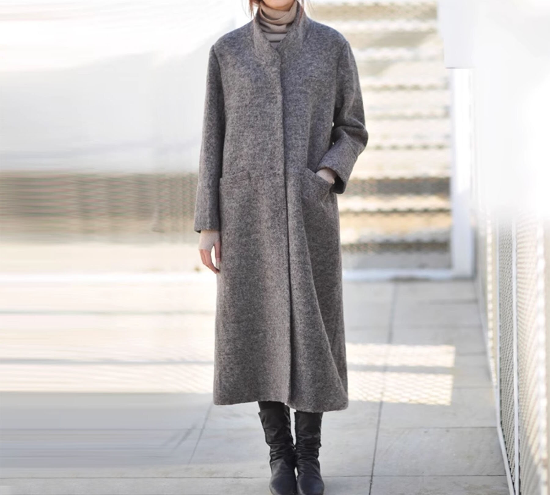 W069-women's Stand Collar Knit Wool Long Coat in Gray, Gray Wool