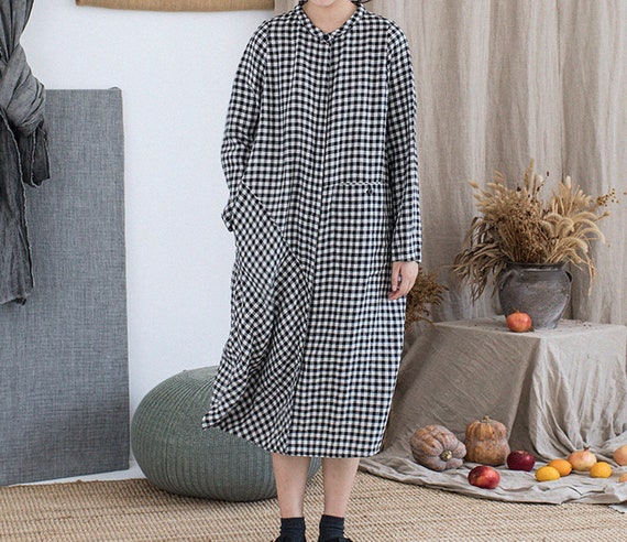 G086---yarn Dyed Linen Gingham Check Shirt Dress, Linen Long