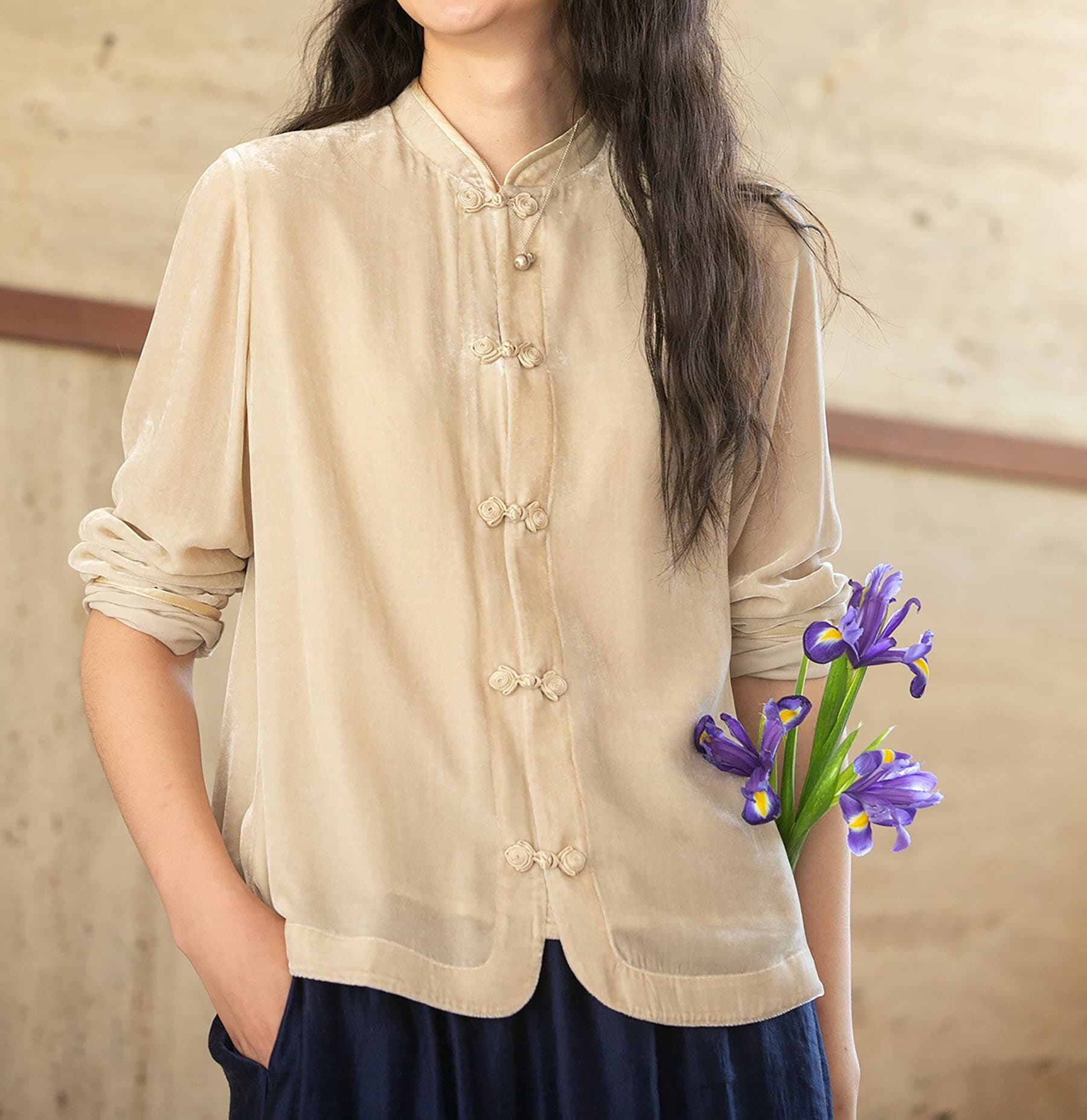 E113---silk Velvet Chinese Blouse in Beige, Silk Charmeuse Long 