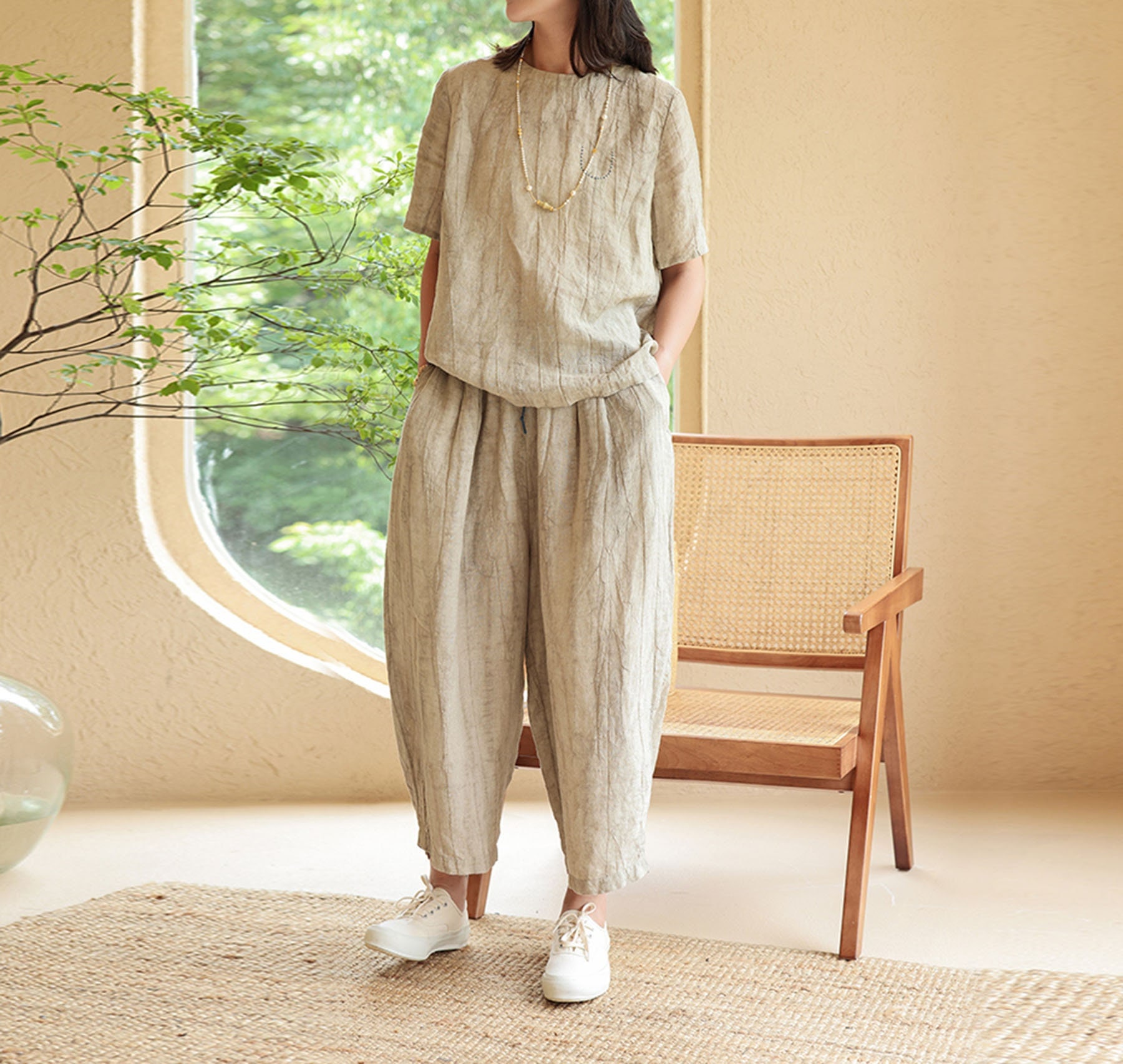 I047---crinkled Linen Crop Pants, Linen Tapered Pants, Women's