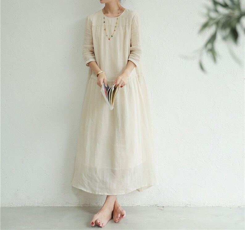 in Cream Color I022---High Counted Crinkled Ramie Dress Ankle Length Low Waist 34 Sleeves Made to Order.