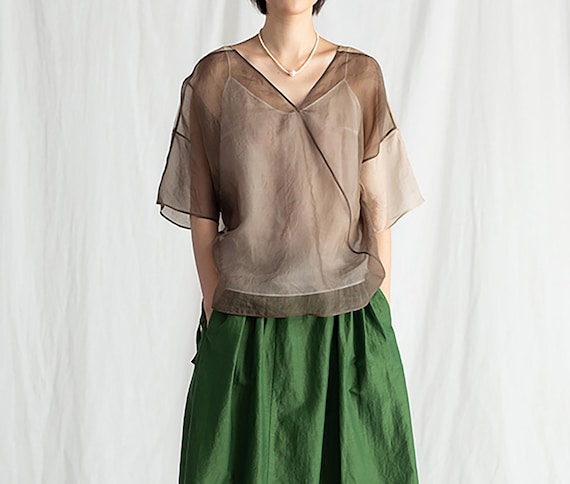D297---women's Brown and Beige See-through Silk T-shirt, Sheer
