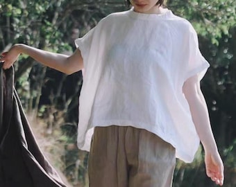 26028---White Oversized Linen Square Top with Twisted neck, Sleeve, and Hem. Linen Poncho, Summer Breathable Short Sleeve Linen Blouse