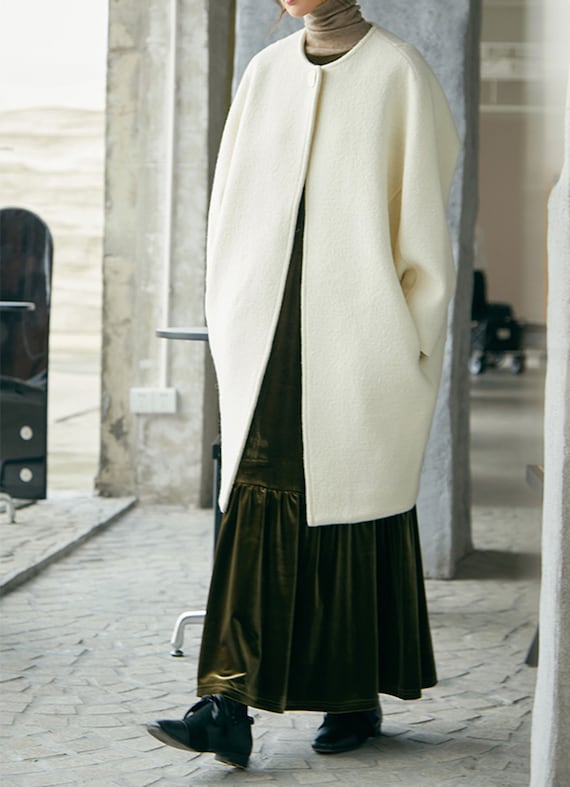 W068-women's Boiled Wool Kimono Wrap Coat in White, Tulip Coat