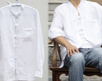 215---Men's Stand Collar White Linen Shirt, Cheongsam, Made to measure.