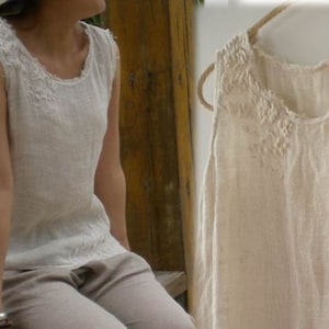 162---Hand Embroidered Double Layer Gauzy Linen Summer Tank Top in Off White, Sleeveless Top, Hand Stitched Women&#39;s Top,Made to Order.