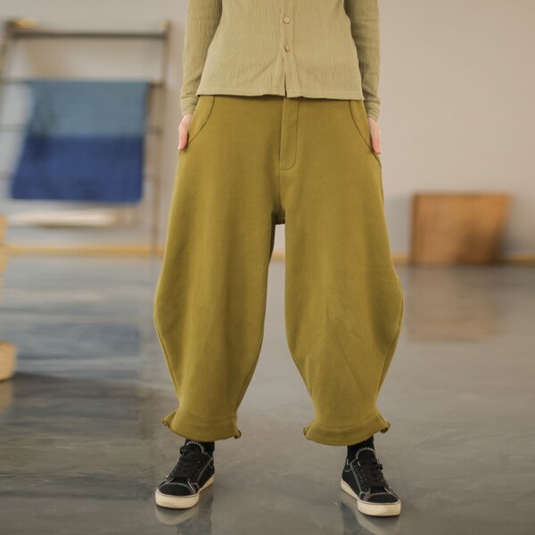 U011---Loose Unisex Cotton French Terry Cropped Pants, Knit Cotton Cocoon Trousers, Women / Men Whinter Pants, Made to Order.