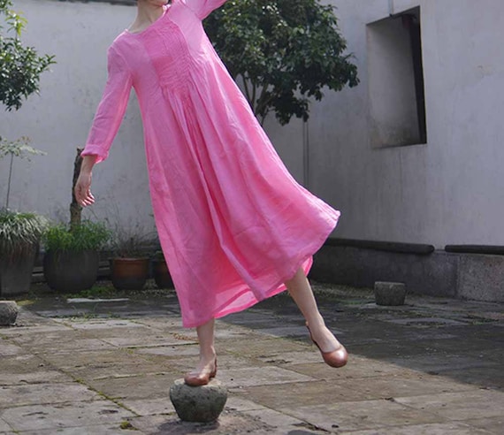 590---Hand Pintucked Pink High Counted Ramie Linen Floor-length Dress, Maxi Dress, Spring / Summer Dress, Made to Order.