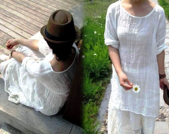 176---Thin Linen Gauze White Tunic, Made to Measure.