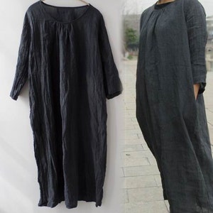 129---Gray Crinkle Linen Cotton Dress, Long Work Dress, Grey Linen.