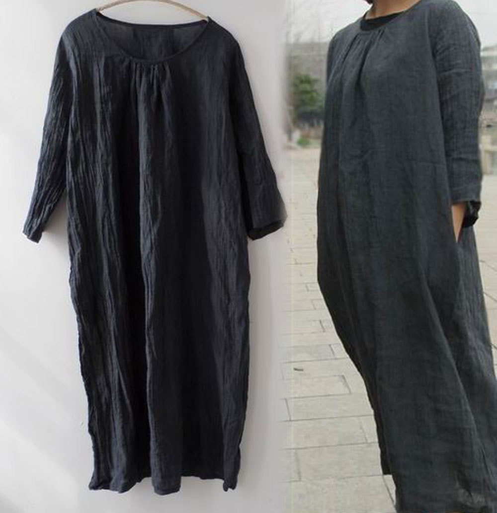 129---Gray Crinkle Linen Cotton Dress, Long Work Dress, Grey Linen.