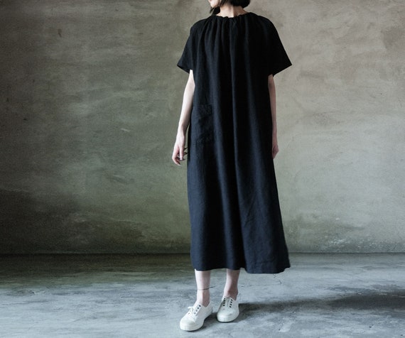 N038black Linen Gathering Neck A-line Tie Dress, Made to Order. - Etsy 