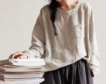 D328---Loose Fit Gray Linen Long Sleeve Pullover Shirt with Chest Pocket, Linen Work Shirt, Linen Smock, Made to Order