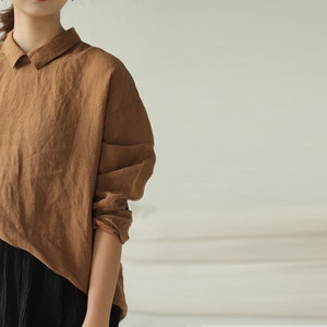 F015Washed Linen Top / Tee / Blouse, White Long Sleeves Linen Shirt, Made to Order. Brown