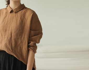 F015---Washed Linen Top / Tee / Blouse, Brown Long Sleeves Shirt, Made to Order.