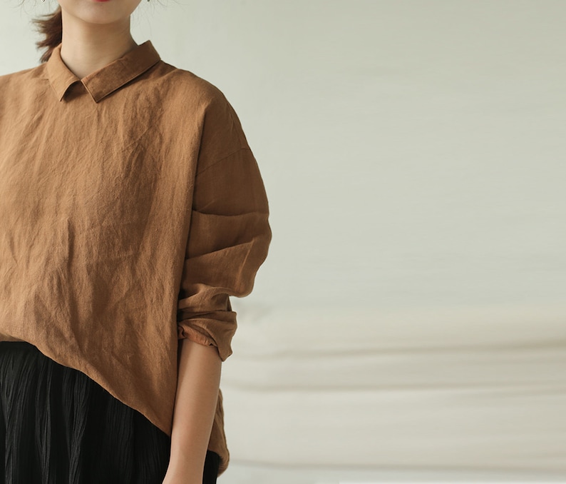 F015Washed Linen Top / Tee / Blouse, White Long Sleeves Linen Shirt, Made to Order. Brown