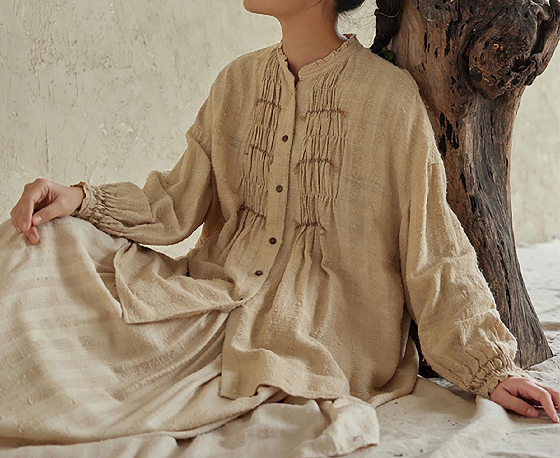 【SECRET】 -SHORTS- BROWN Buy D252---natural Raw Tussar Silk Smocking Shirt / Blouse