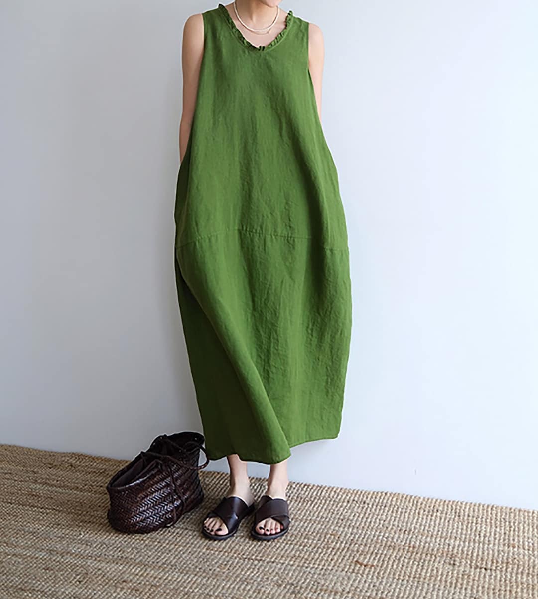 Dress Clearance Cos Green Cocoon Dress W055---Relaxed High Count Linen  Sleeveless Cocoon Dress, Linen Long Bud Dress In Green, Made To Order