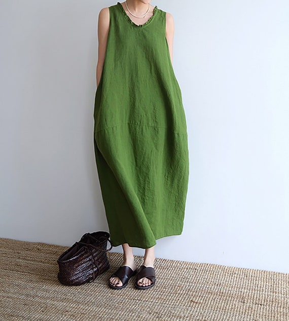 W055---Relaxed High Count Linen Sleeveless Cocoon Dress, Linen Long Bud Dress in Green, Made to Order W055---Relaxed High Count Linen Sleeveless Cocoon Dress, Linen Long Bud Dress in Green, Made to Order