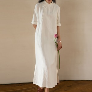 E038---Half Sleeves Silk Linen Blend Qipao Dress, Cheongsam Dress, Chinese Dress, Wedding, Made to Order.