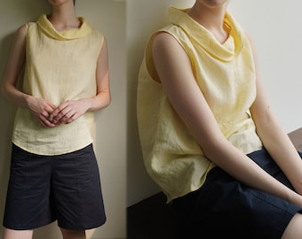 W032---Washed Linen Drape Collar Sleeveless Tunic, Yellow Linen Tank Top, Made to Order.
