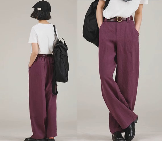 N306---purple Wide Leg Linen Pants With Pockets, High Waisted Pants for  Women, Loose Linen Trousers, Made to Order - Etsy