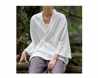 C008 --- Veste blazer kimono modifiée en lin lavé pour femme, veste chemisier grise, veste chemise vert mousse, multi-usages, sur commande.