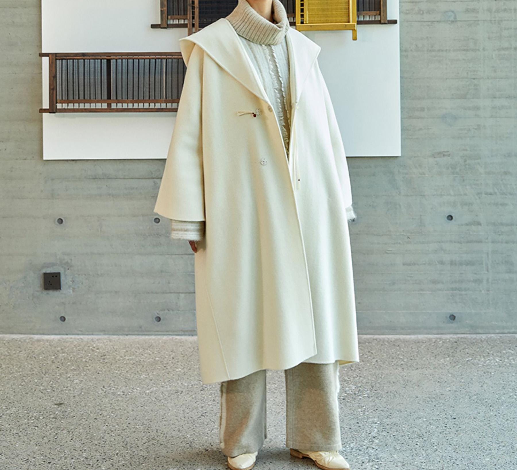 H205---women's Double Faced Wool Hooded Coat in Camel, Hand