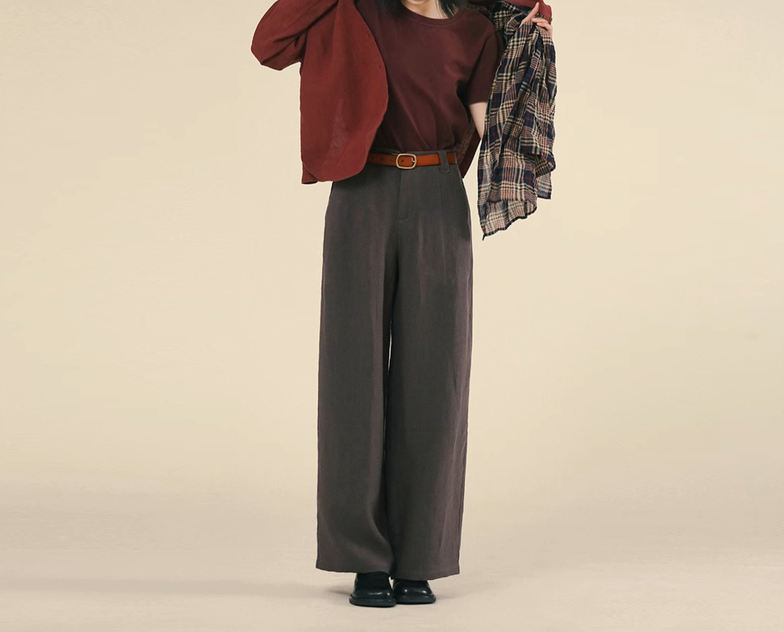 N306---purple Wide Leg Linen Pants With Pockets, High Waisted