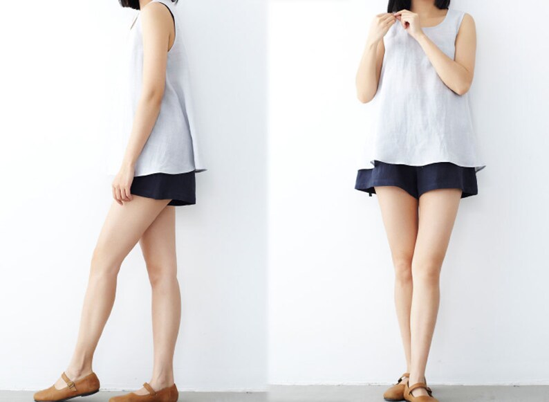 B20---Washed Ramie Trapeze Tank Top White Tank Tops Made to Order. Crewneck Crop Tops