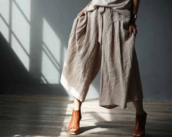 608---Beige Washed Lithuanian Linen Wide Leg Pants / Culotte, Gaucho Pants, European Linen Yoga Pants, Skirt Pants, Pants Skirt, Skants.