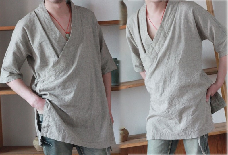 160Men's Washed Lithuanian Linen Kimono Shirt Chef | Etsy