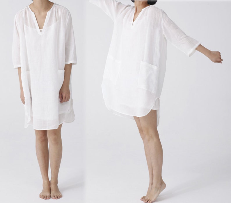 Shirt Dress. Excluding the inner Slip 084---Washed Ramie V-neck Red Tunic Dress