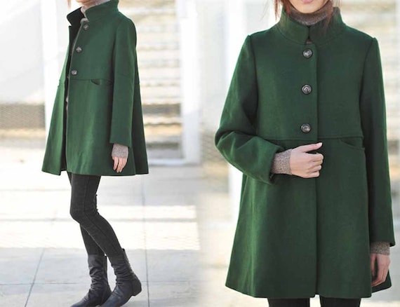 423---women's Green Wool Coat, Vintage A Line Coat, Winter 423---women's Green Wool Coat, Vintage A Line Coat, Winter