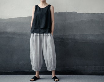 J009 --- Schwarzes Double-Layer Ramie Tank Top, Trapez Top, Made to Order.