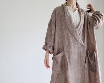 24616---Oversized Shawl Collar Linen Twisted Pocket Coat, Linen Kimono Style Jacket, Linen Cardigan, Long Loose linen coat