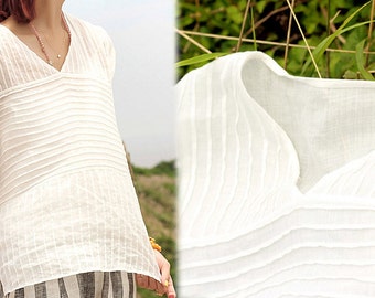 326---Women's White Ramie Pintuck Blouse, Off White Tunic, Hand Pin-tucked, V-neck Elbow Sleeve Shirt, Half Sleeve Top, Plus Size Clothing.
