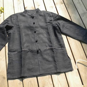 040---Men&#39;s  Lined Chinese Cheongsam Linen Jacket with Chinese Frog Buttons, Modified Tang Suit, Stand Collar,Made to Order  Shirt Jacket.