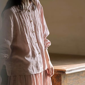 O108---Pink Linen Pintuck Blouse with Elastic Cuff, Loose Blouse, Loose Linen Summer Top, Oversized Linen Boho Shirt. Linen Top Women