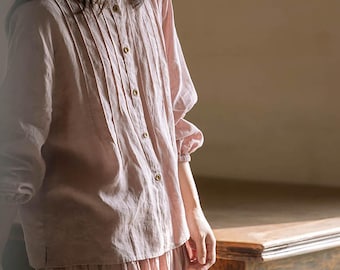 O108---Pink Linen Pintuck Blouse with Elastic Cuff, Loose Blouse, Loose Linen Summer Top, Oversized Linen Boho Shirt. Linen Top Women