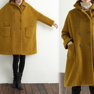 450-Women&#39;s Loop-Yarns Wool Oversized Coat, Double Breasted Wool Trapeze Coat, Simplicity, Cape Coat, Poncho Coat, Yellow A-line Coat.