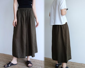 W094---Brown Linen Wide Leg Pants / Culotte, Gaucho Pants, Linen Yoga Pants, Skirt Pants, Pants Skirt, Skants, Made to Order.