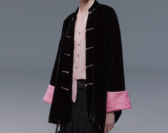 W079---Spring Jacket, Black Silk Velvet Quilted Jacket, Short Silk Mandarine Padded Coat, Silk Chinese Coat, Made to Order.