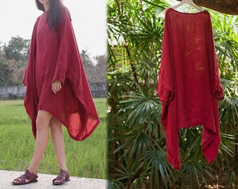 199---Red Linen Gauze Tunic Top, (Excluding the inner Slip), Plus Size, Maternity, Womens Linen Clothing, Plus size, One size fits most.