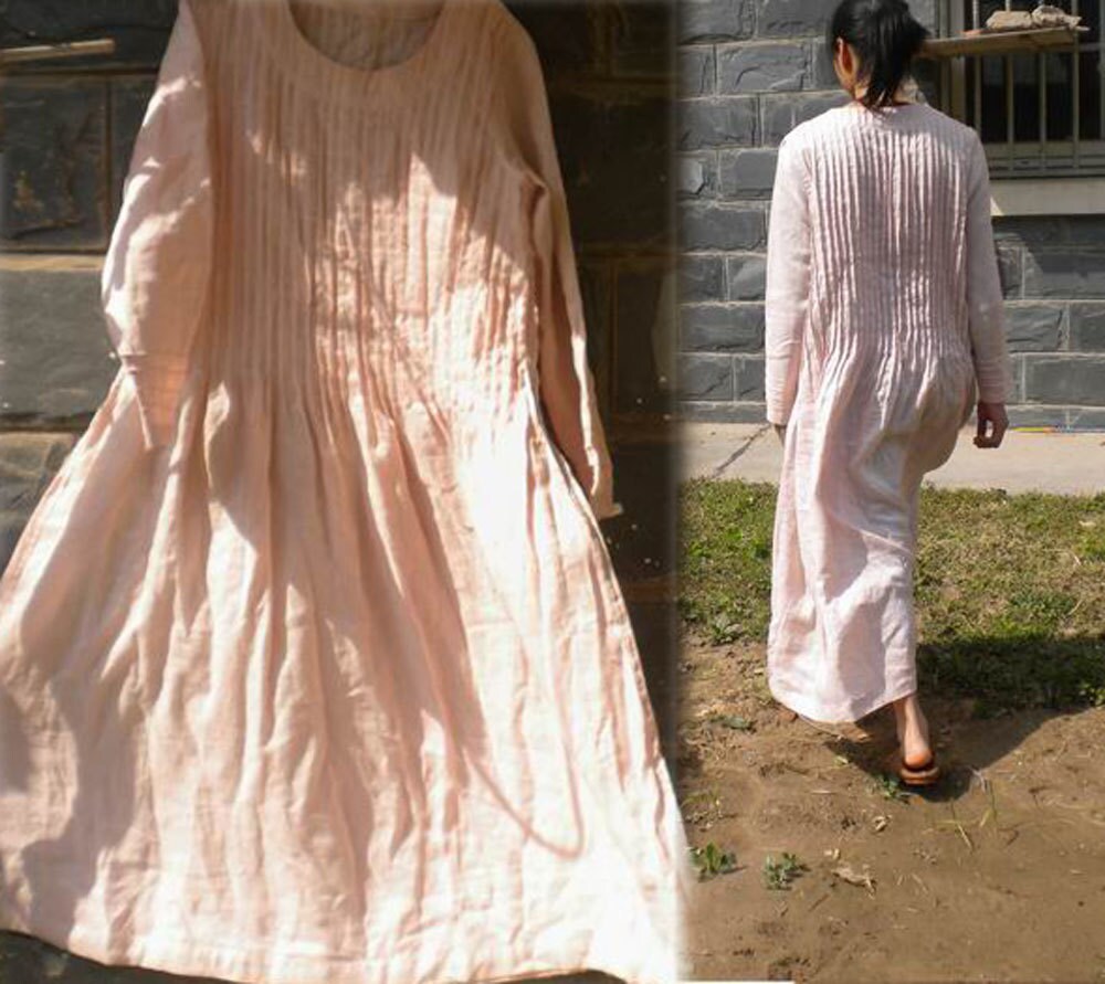 072Pintucked Pink Maxi Linen Dress Women's Long Sleeve Etsy