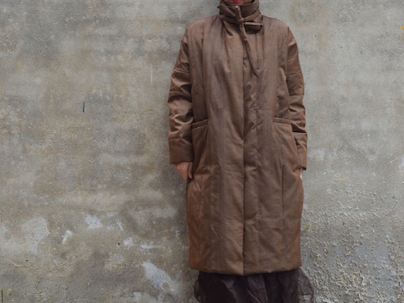 A333---Women's Loose Fitting  Brown Dupioni Silk Cocoon Shape Down Coat,  Super Warm, Long Coat, Winter Outerwear, Made to Order.